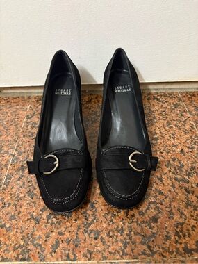 Stuart Weitzman Black Suede Heels with Silver Ring Accent